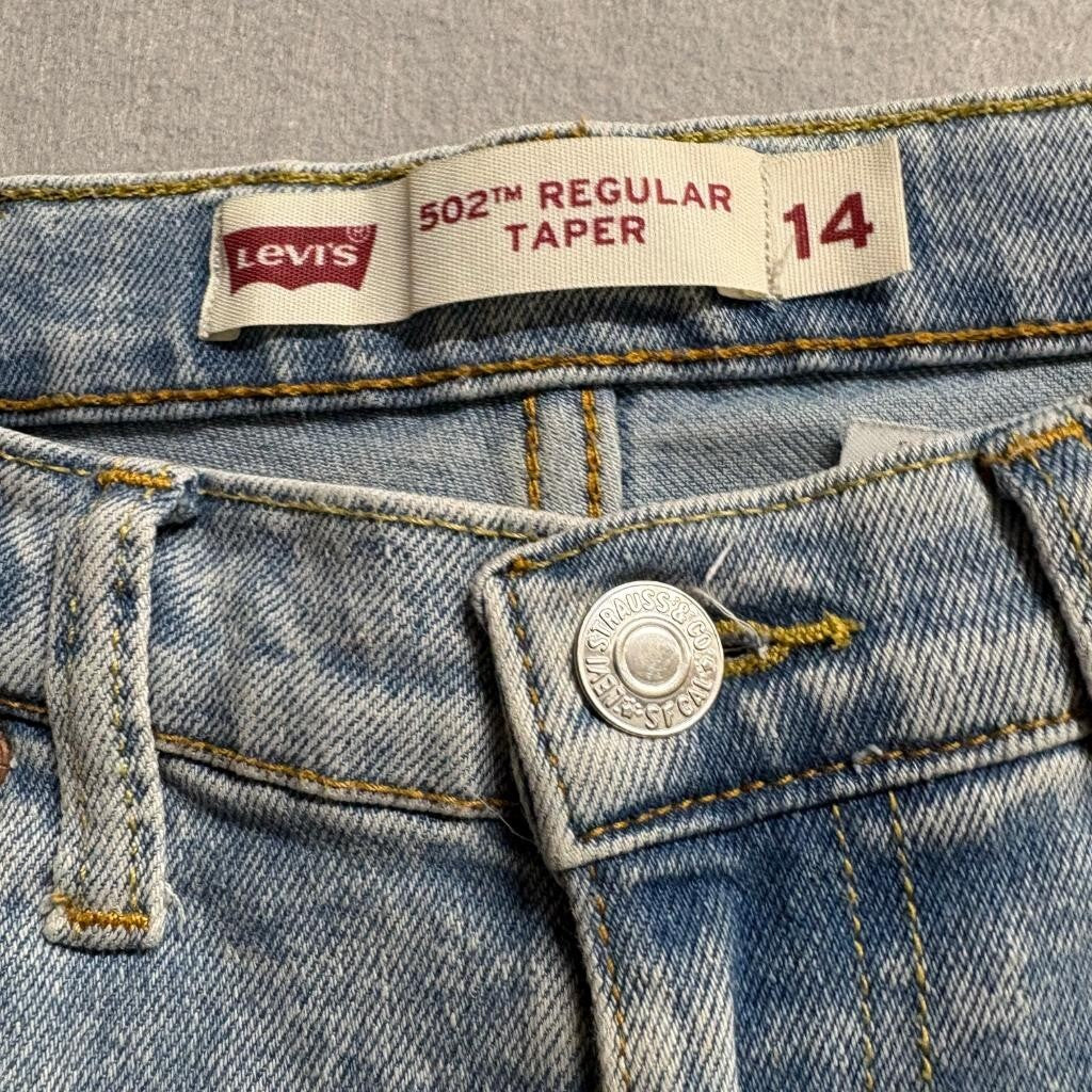 Levis 502 Regular Taper Jeans Boys Size 14 Light Wash Distressed Denim W27 L29