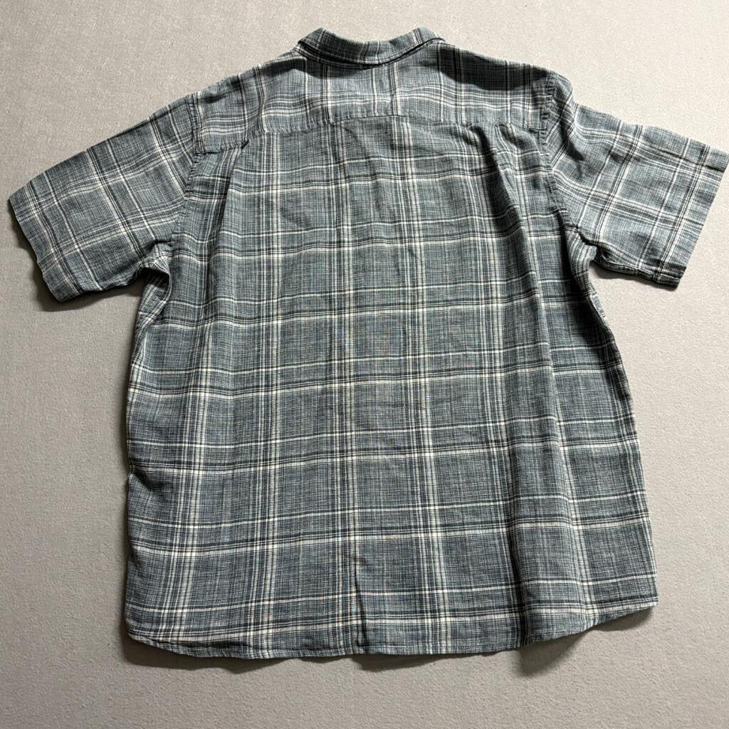 Weatherproof Vintage Mens XL Blue Plaid Washable Linen Short Sleeve Button Shirt