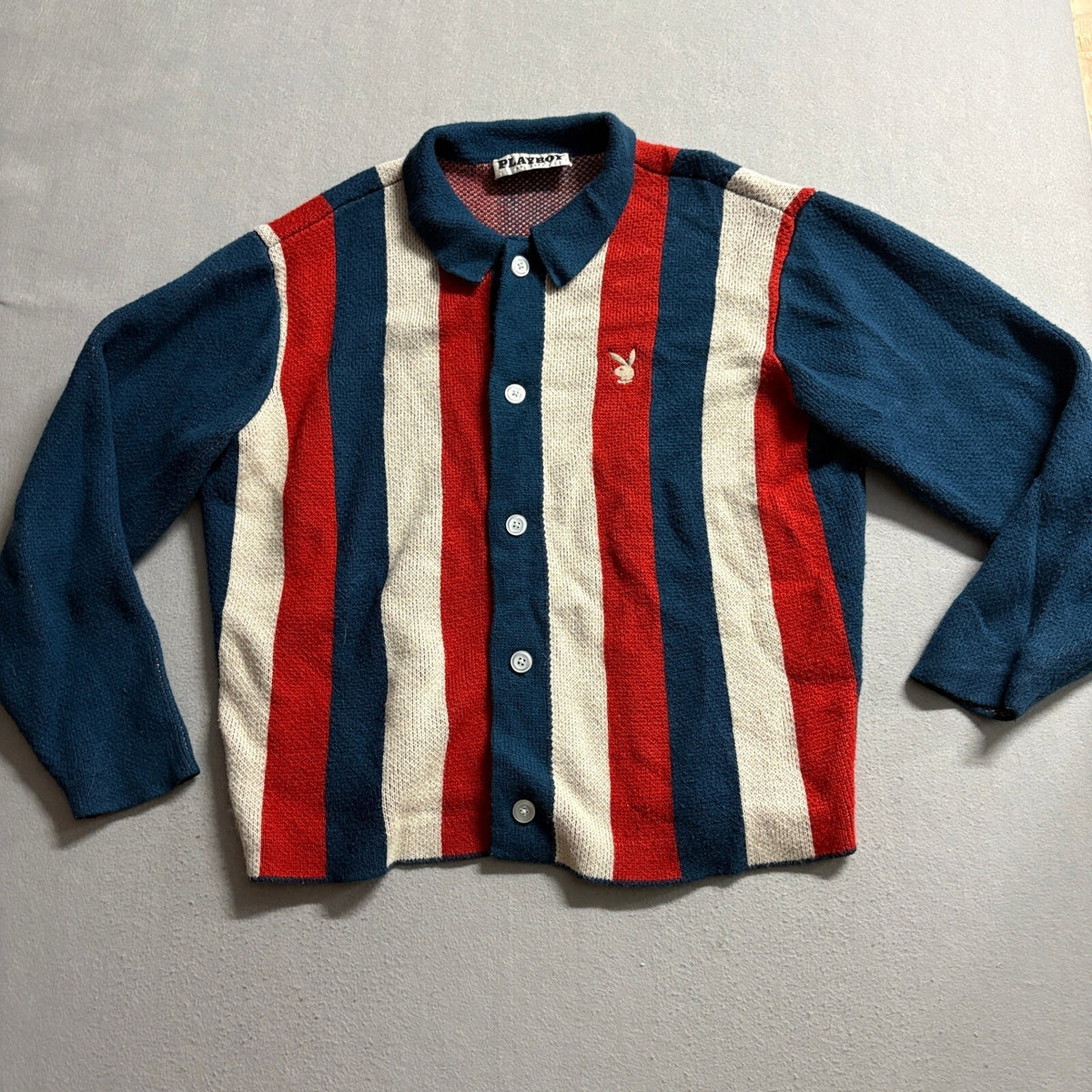 Playboy by PacSun Cardigan Sweater Womens Large Red White Blue Striped Knit