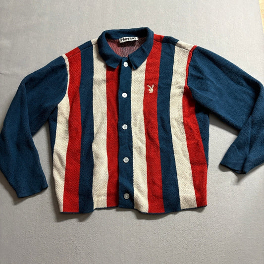 Playboy by PacSun Cardigan Sweater Womens Large Red White Blue Striped Knit