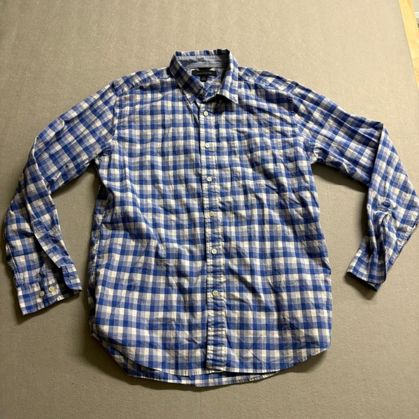 Tommy Hilfiger Shirt Mens Large Blue White Gingham Plaid Long Sleeve Button Up