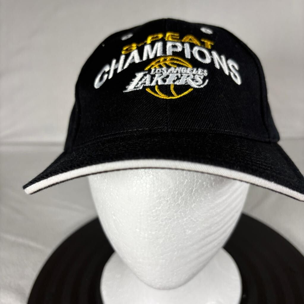 Los Angeles Lakers 3-Peat Champions Hat Cap Vintage NBA Black Hook and Loop