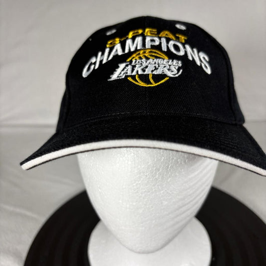 Los Angeles Lakers 3-Peat Champions Hat Cap Vintage NBA Black Hook and Loop