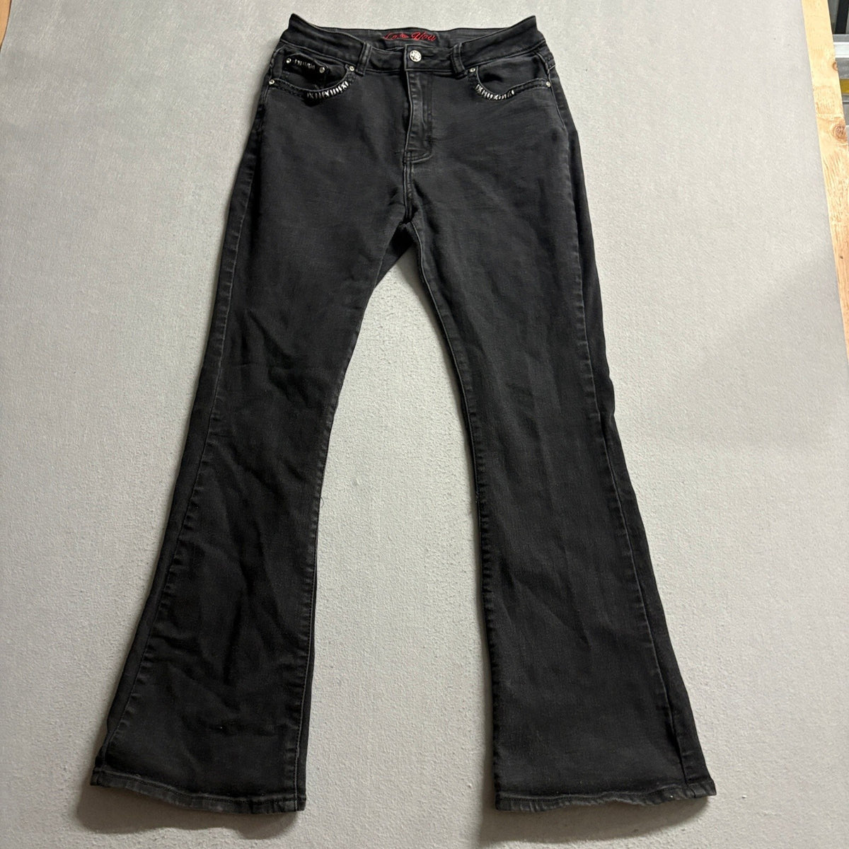 Love You Jeans Womens 13/14 Black Embroidered Rhinestone Pocket Bootcut Stretch
