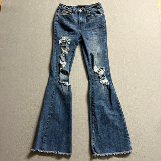 Almost Famous High Rise Flare Jeans Womens Size 3 Distressed Frayed Raw Hem Blue