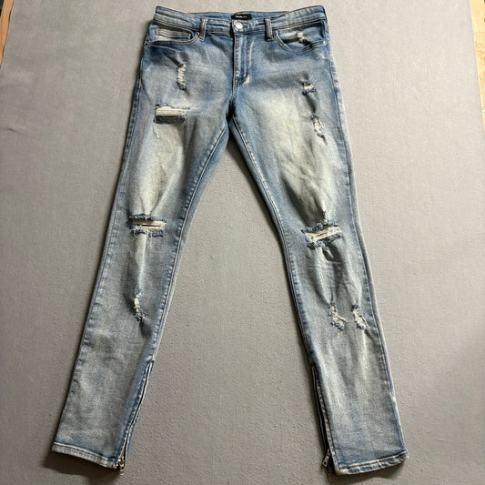 Fashion Nova Men Novamen Distressed Skinny Jeans Blue Denim Ankle Zip Size 32
