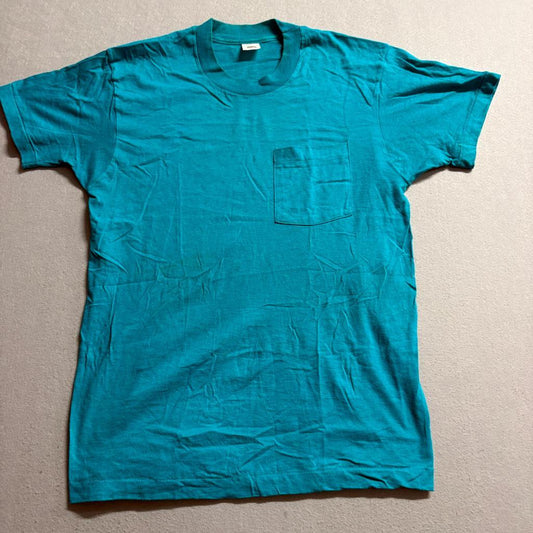 Vintage 90s Fruit of the Loom Blank Pocket T-Shirt Mens Large Teal Made in USA