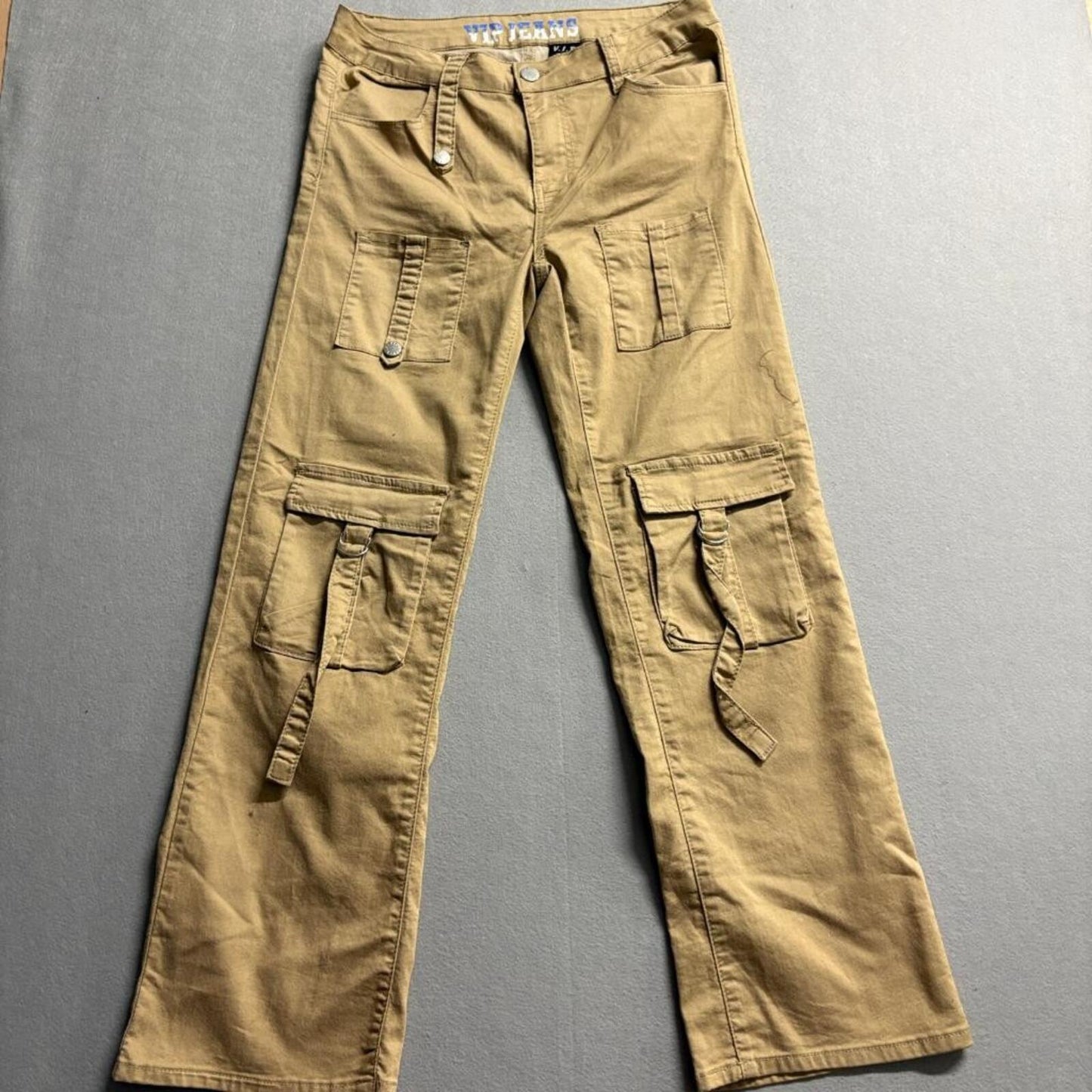 VIP Jeans Womens Cargo Pants Size 13/31 Khaki Brown Y2K Utility Wide Leg Stretch