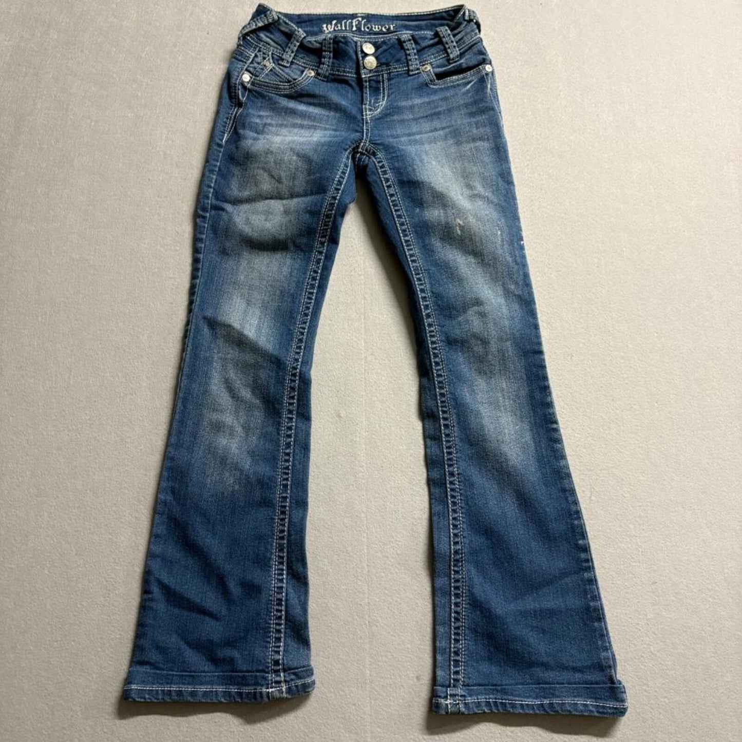 WallFlower Jeans Womens Size 0 Blue Denim Bootcut Thick Stitch Stretch Low Rise