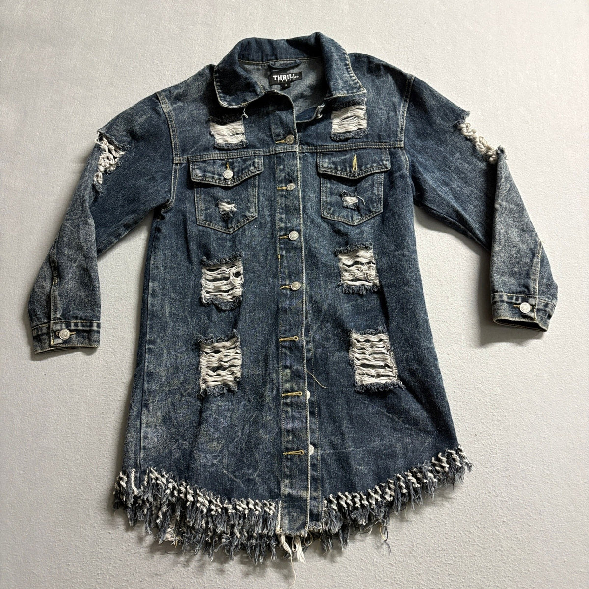 Thrill Jeans Denim Jacket Womens Small Blue Distressed Frayed Longline Shacket