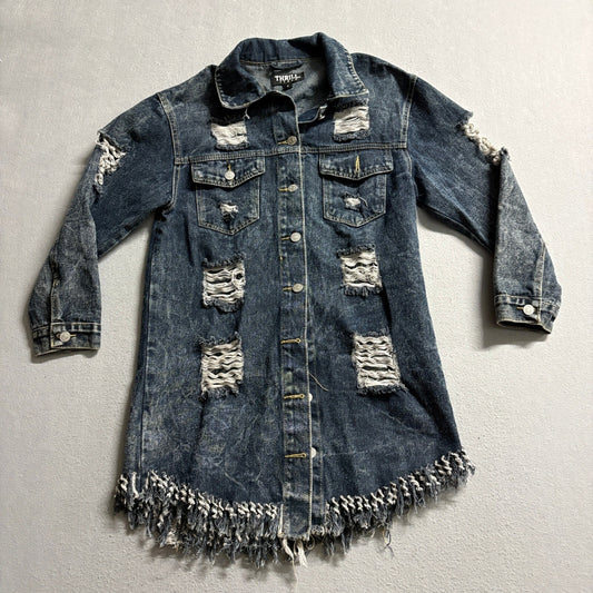 Thrill Jeans Denim Jacket Womens Small Blue Distressed Frayed Longline Shacket