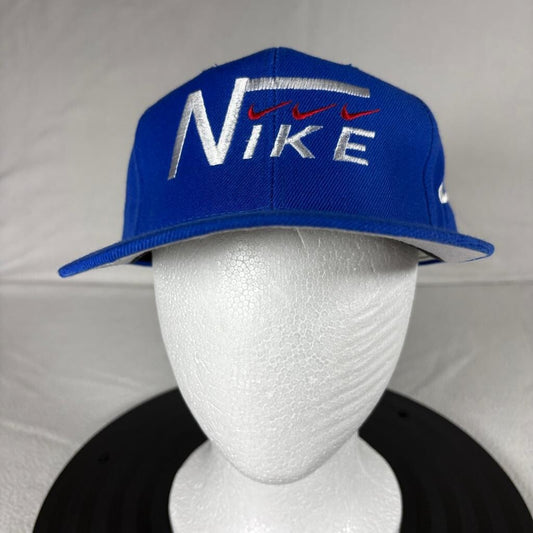 Vintage Nike Spell Out Swoosh Hat Mens Blue Wool Blend Snapback Cap