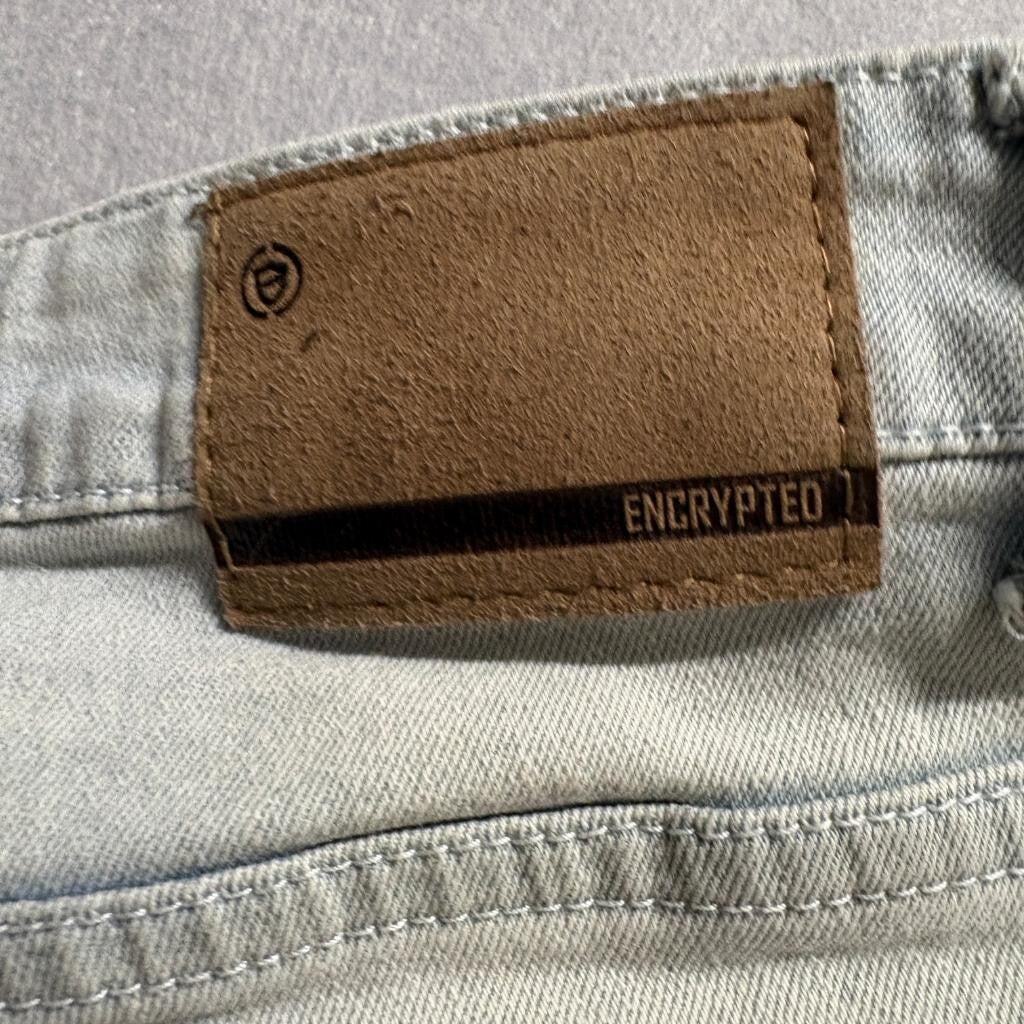 Encrypted Distressed Jeans Mens 34 Light Wash Ripped Graphic Patch Denim