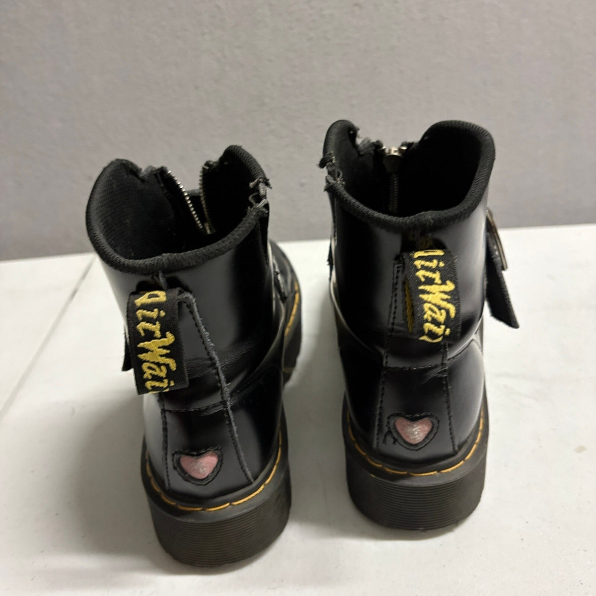 Dr Martens Lazy Oaf Devon Heart Buckle Platform Boots Black Leather Womens