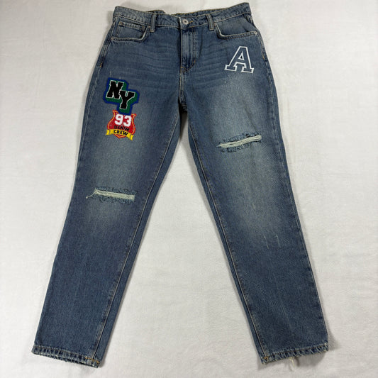 No Boundaries Y2K Patch Jeans Womens 13 Distressed Straight Blue Denim 90s