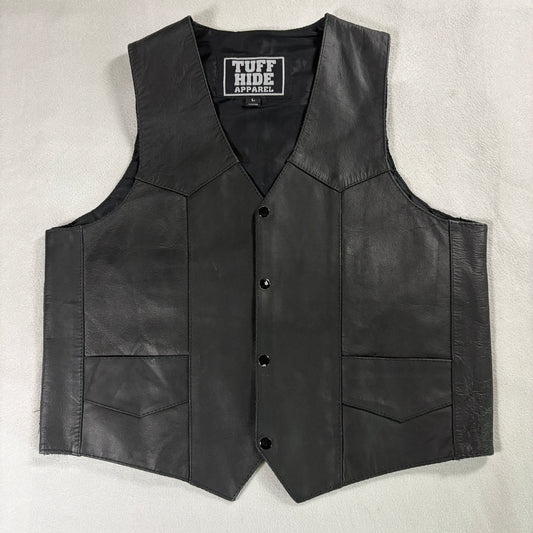 Tuff Hide Leather Vest Men L Black Biker Western Motorcycle Snap Front Pockets