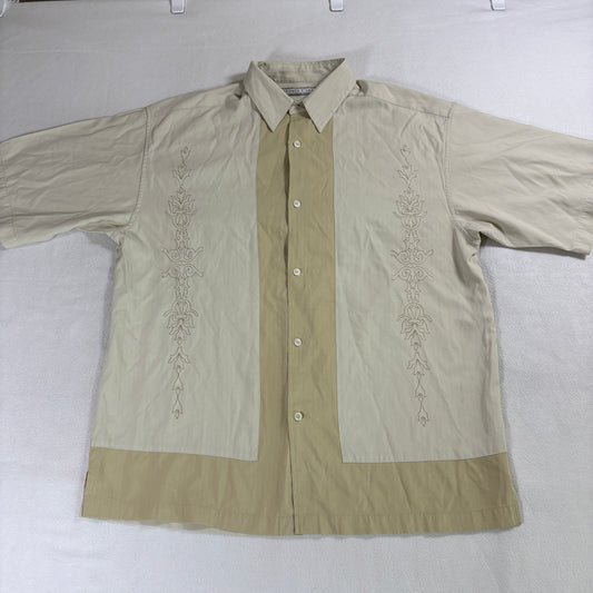Monte Carlo Shirt Men L Beige Camp Guayabera Embroidered Button Up Casual