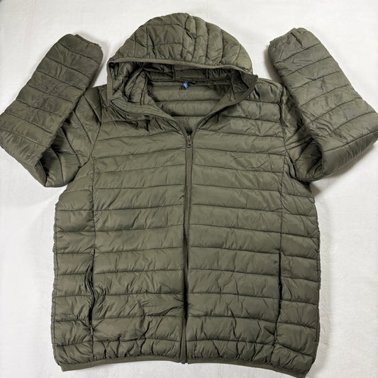 Hooded Puffer Jacket Mens Approx M Olive Green Lightweight Quilted Zip Up