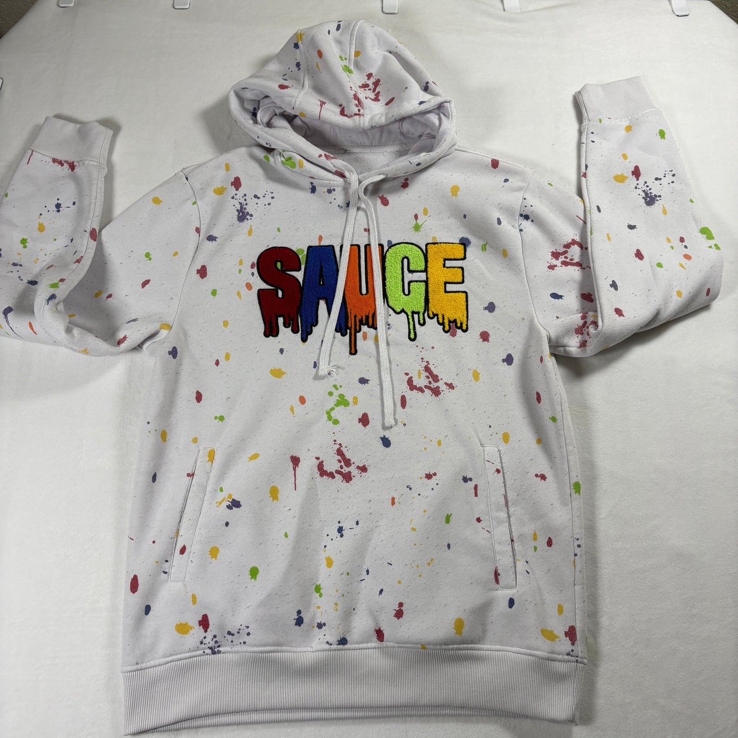Sauce Graphic Hoodie Mens XL White Paint Splatter Streetwear Pullover Cozy Warm