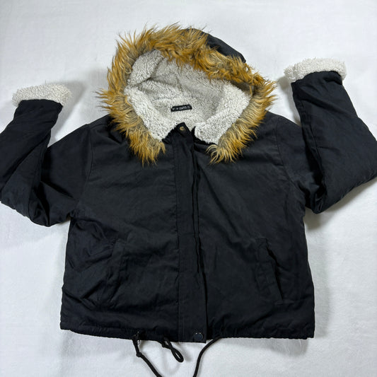 Zaful Parka Jacket Womens M Black Faux Fur Hood Sherpa Lined Winter Cozy Warm