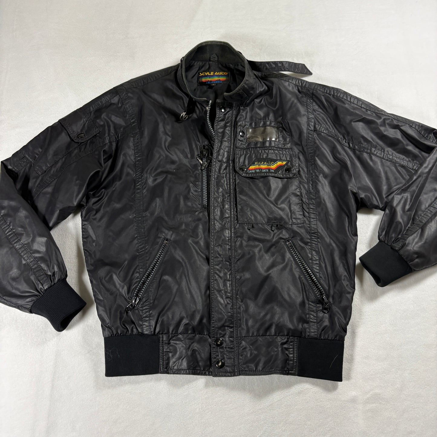 Style Auto California Bomber Jacket Mens XL Black Nylon Zip Moto