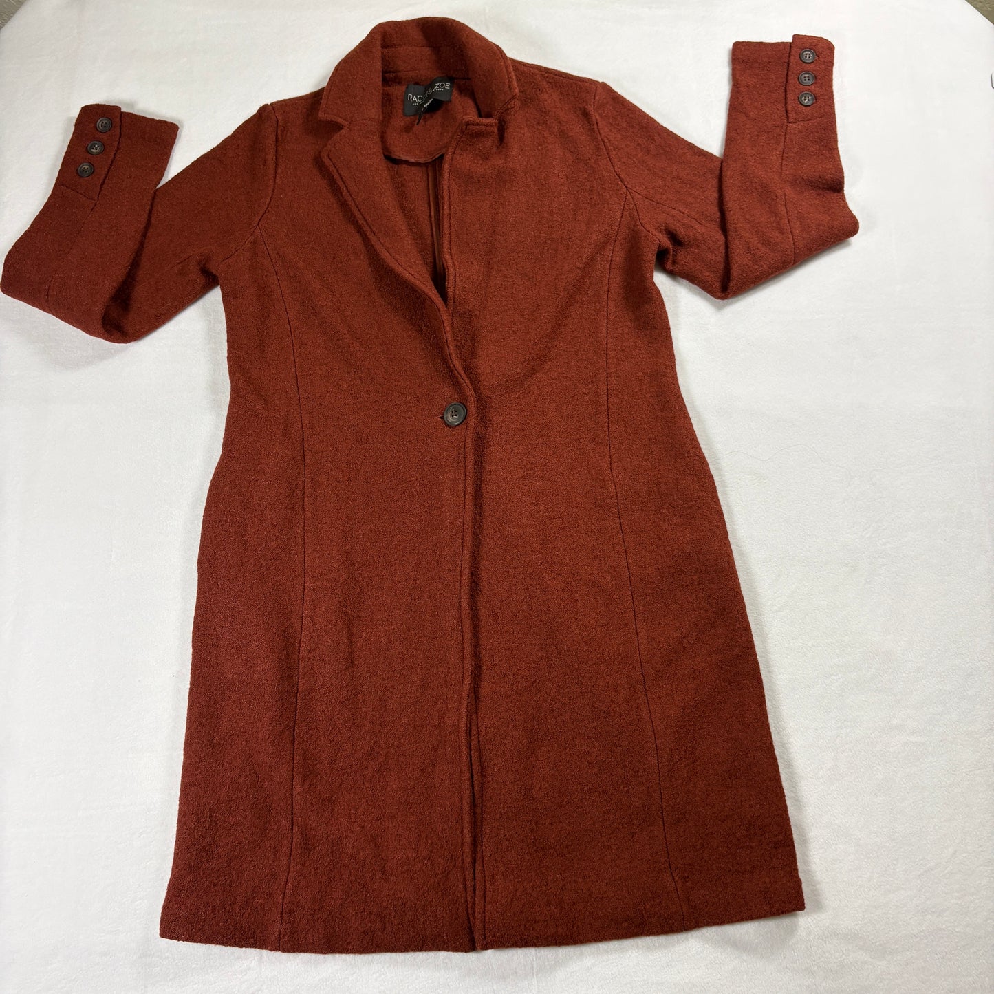 Rachel Zoe Wool Coat Womens S Rust Brown Long Button Minimalist Chic Winter Cozy