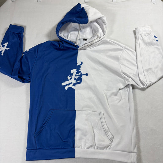 Two Tone Hoodie Mens L Blue White Graphic Pullover Streetwear Casual Cozy Style X