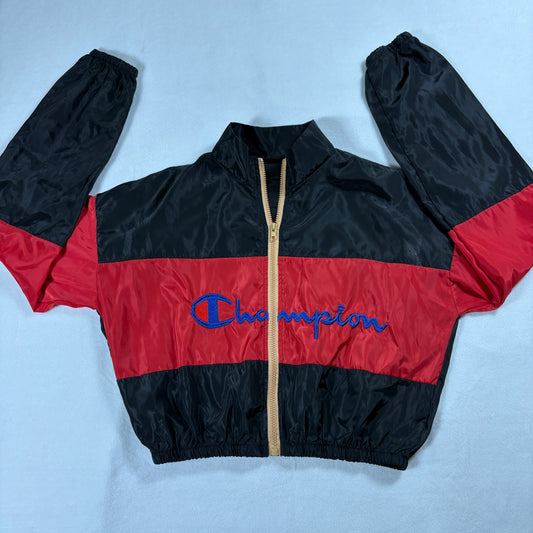 Champion Windbreaker Jacket Mens L Black Red Full Zip Retro Logo Lightweight X