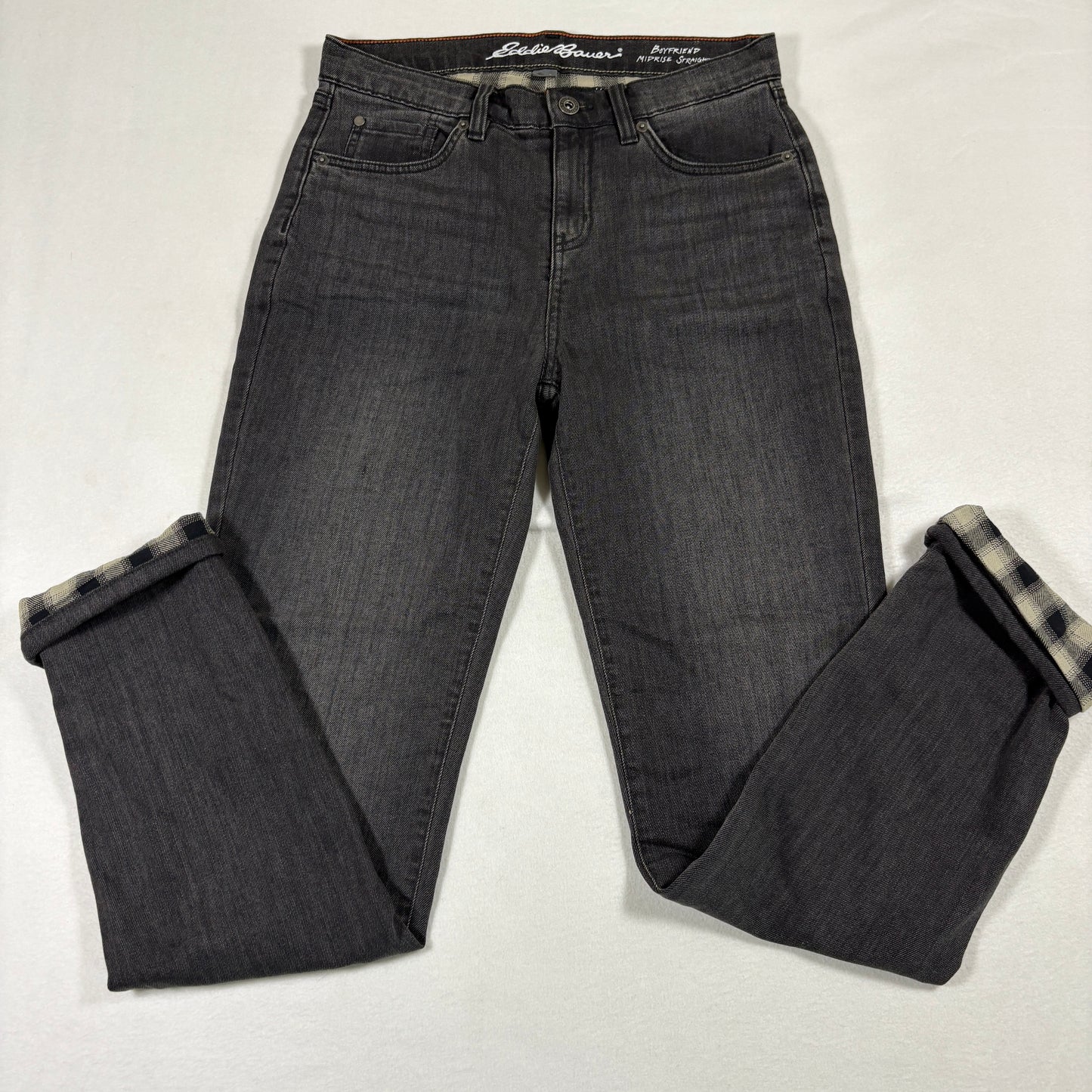 Eddie Bauer womens jeans size 2 black gray boyfriend mid rise straight plaid cuff