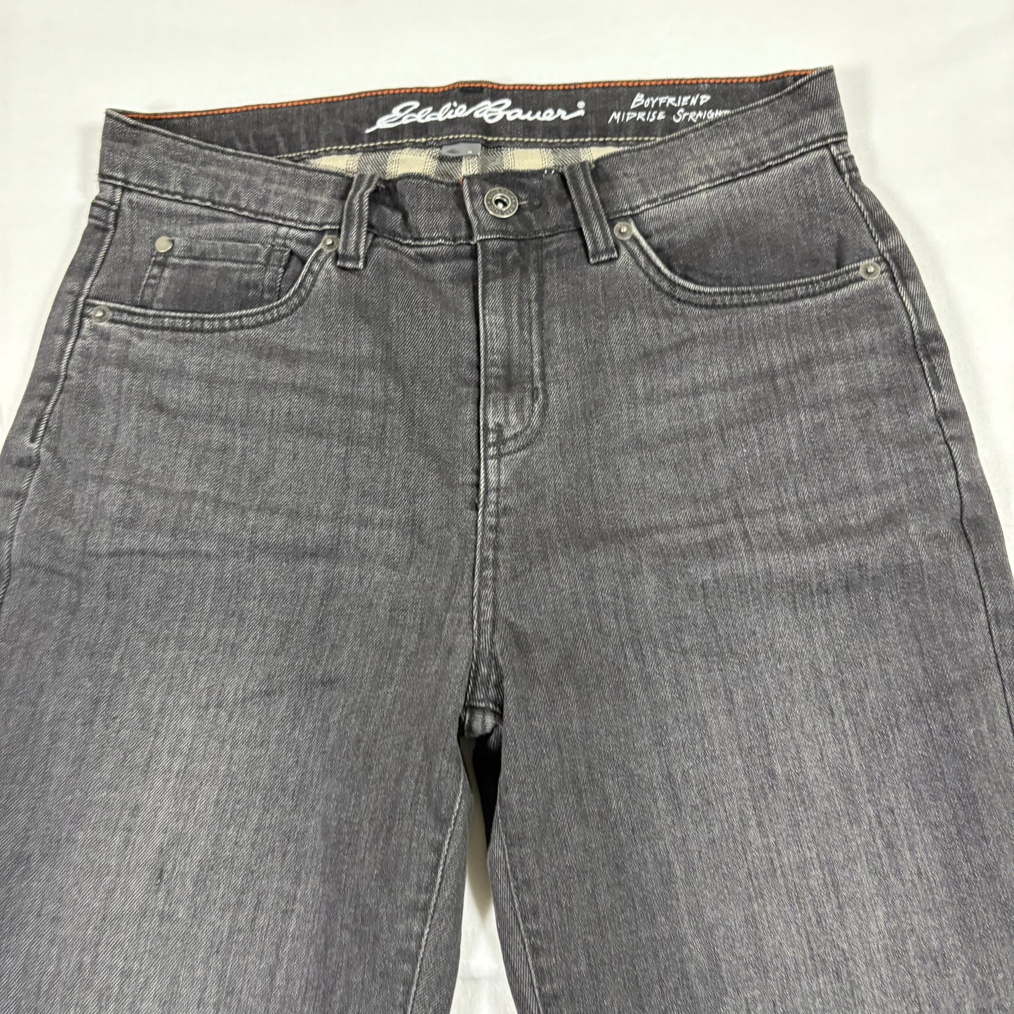 Eddie Bauer womens jeans size 2 black gray boyfriend mid rise straight plaid cuff