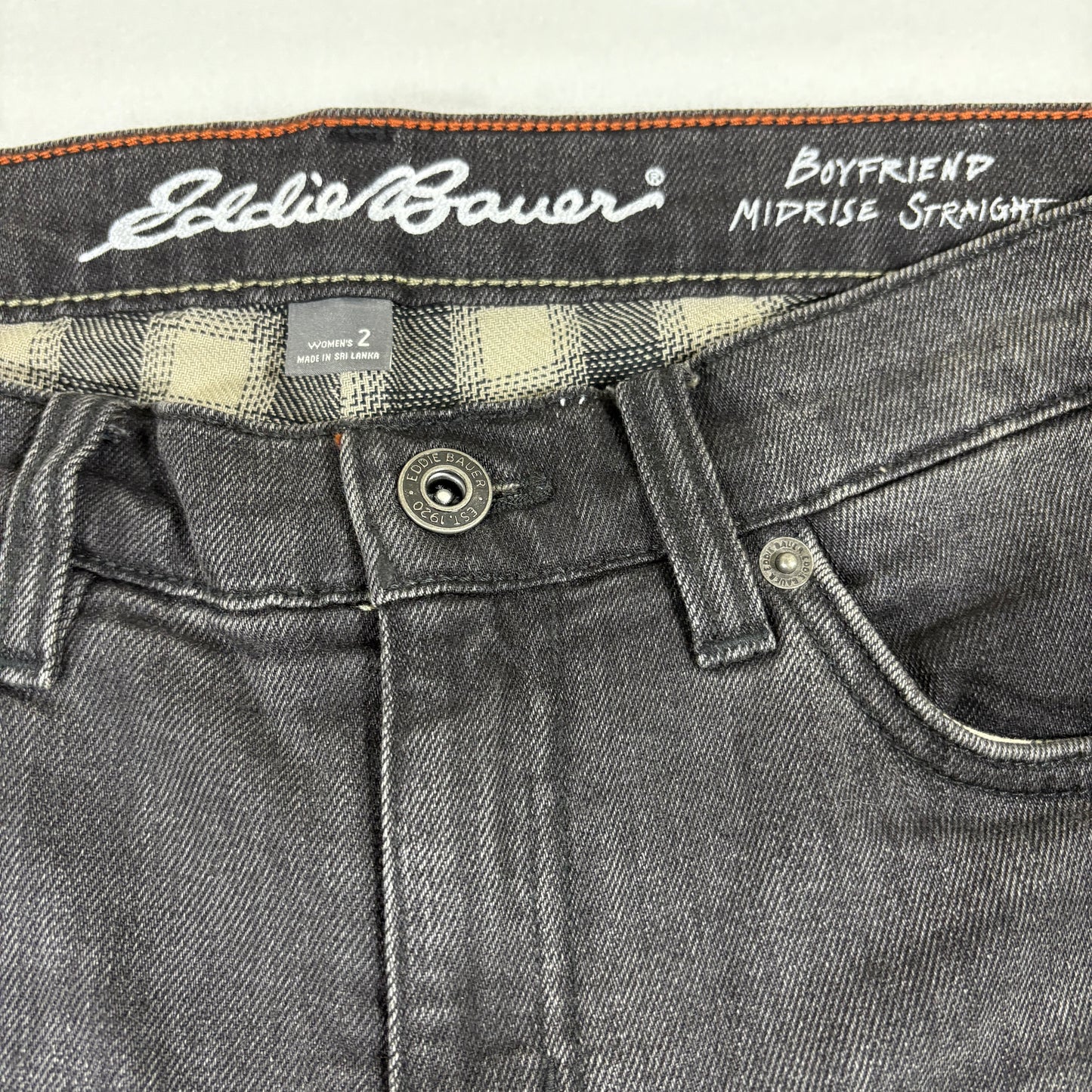 Eddie Bauer womens jeans size 2 black gray boyfriend mid rise straight plaid cuff
