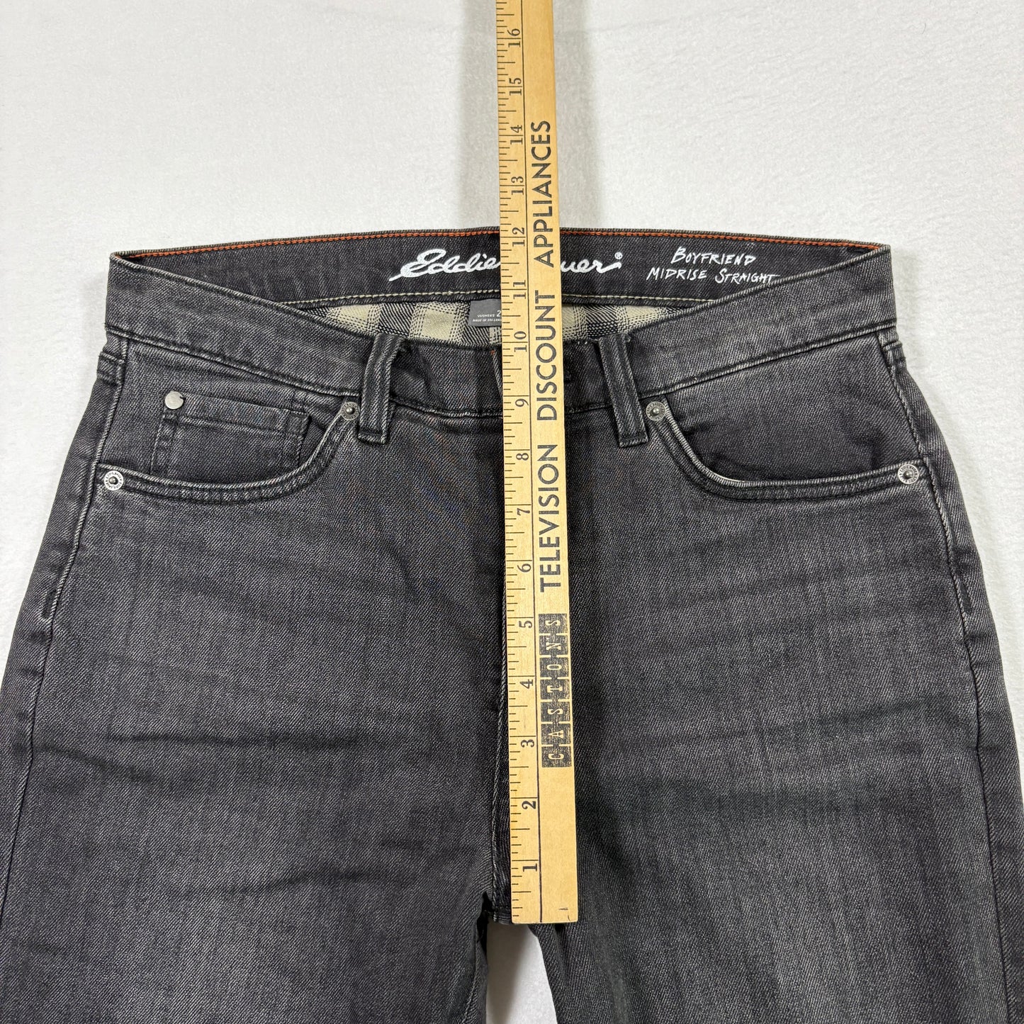 Eddie Bauer womens jeans size 2 black gray boyfriend mid rise straight plaid cuff