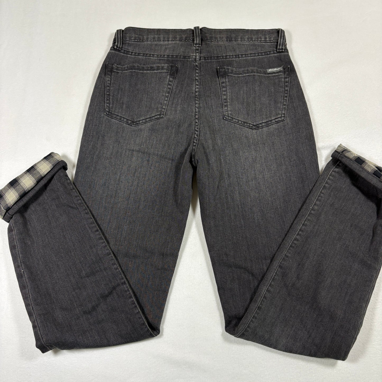 Eddie Bauer womens jeans size 2 black gray boyfriend mid rise straight plaid cuff