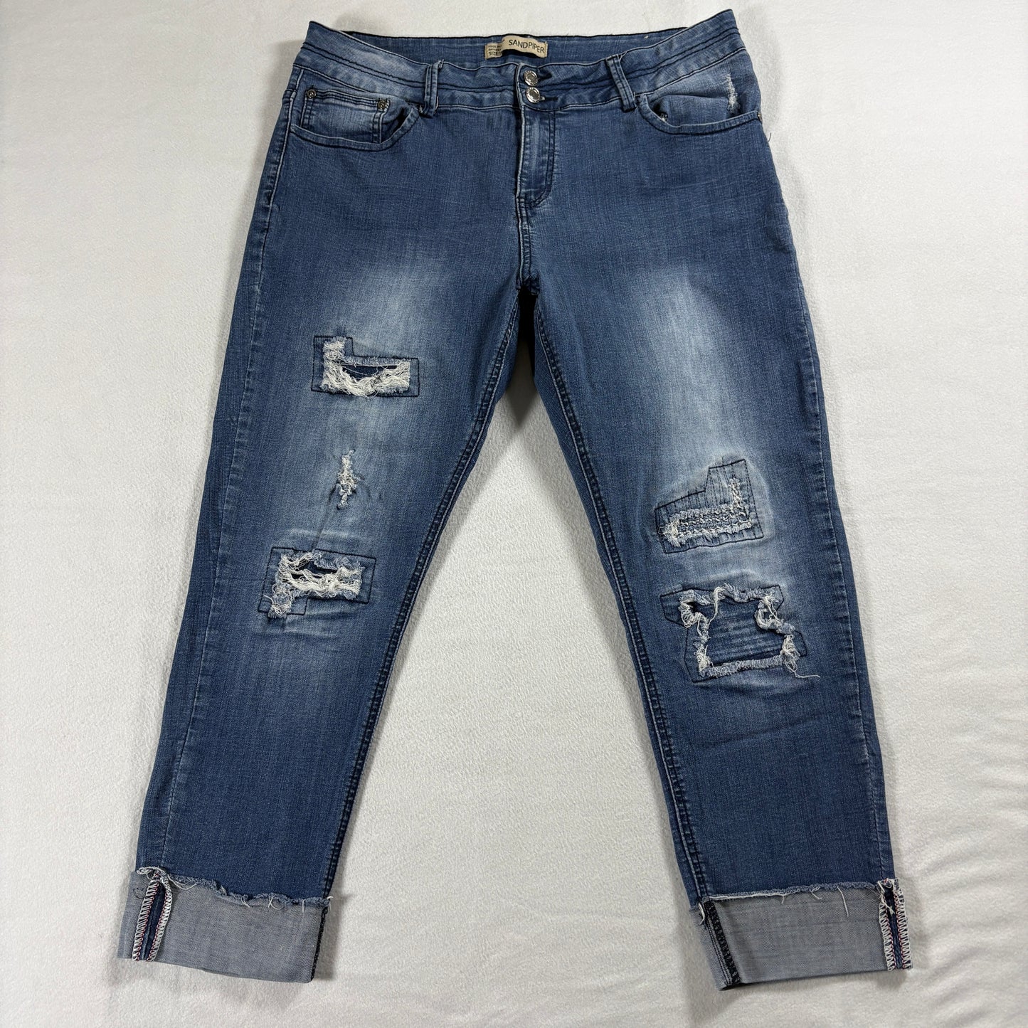 Sandpiper Womens 16 Distressed Capri Jeans Stretch Cuffed Hem Denim