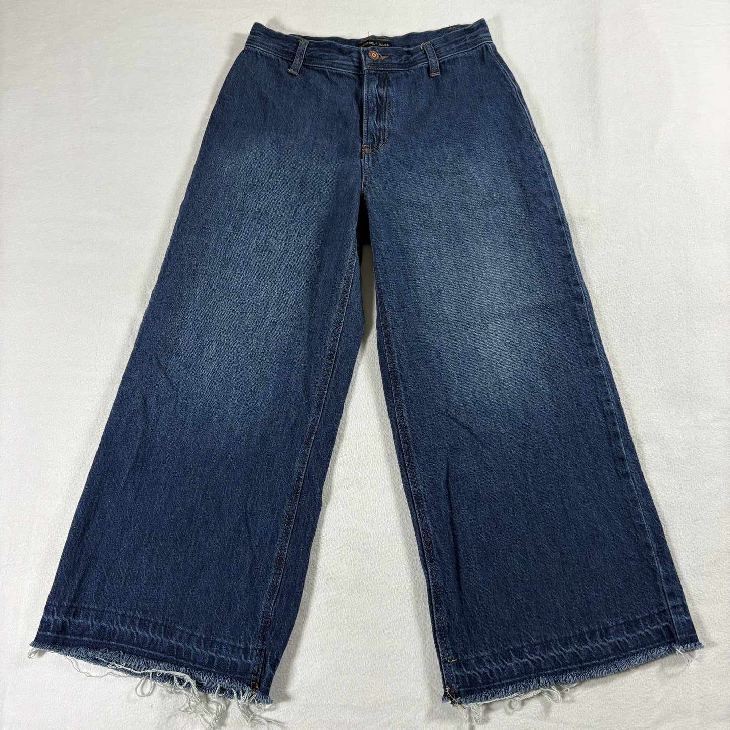Sincerely Jules Wide Leg Crop Jeans Womens 3/26 Blue Raw Hem Denim