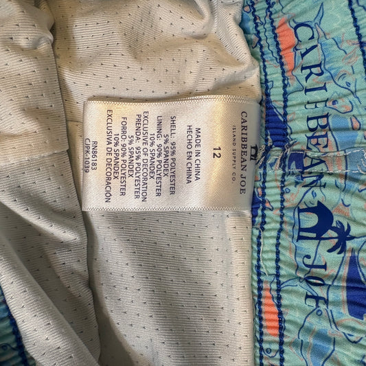 Caribbean Joe Men’s Swim Trunks Size 12 Fish Print Blue Green Drawstring Mesh Liner