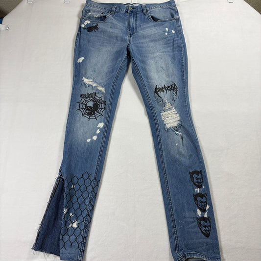 Broken Promises Jeans Womens 34 Ultra Stretch Skinny Distressed Graphic Punk