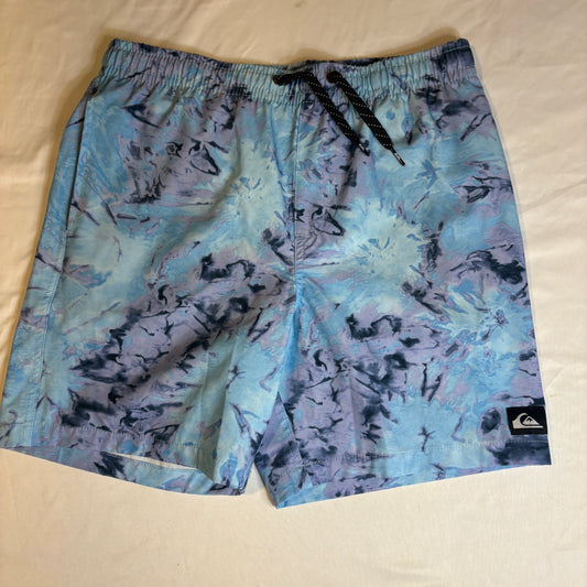Quiksilver Board Shorts Boys L (14/16) Blue Purple Tie Dye Swim Trunks Mesh Liner