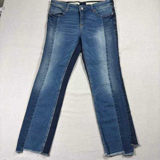 Pilcro Parallel Patchwork Jeans Womens Size 30 Two Tone Blue Frayed Hem Retro