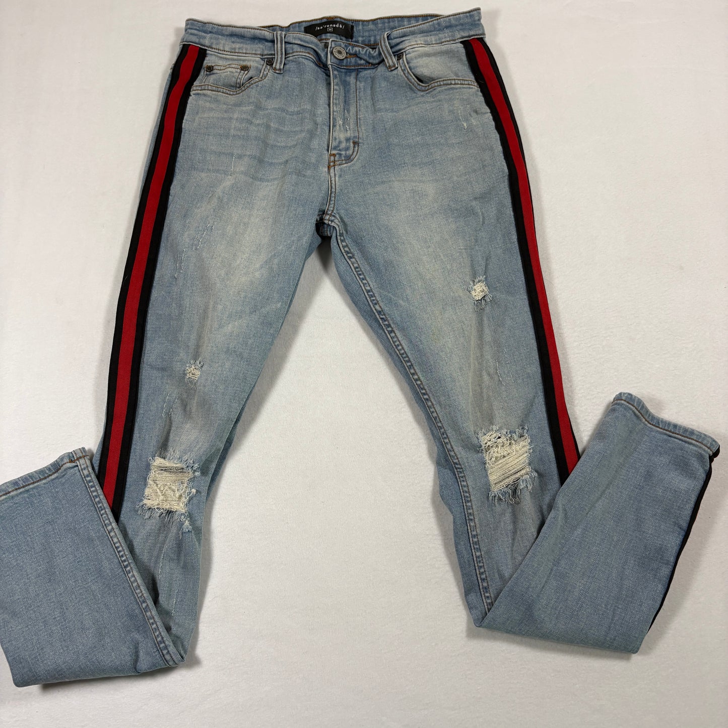 Serenade mens jeans 34 light wash distressed skinny red stripe Y2K grunge denim