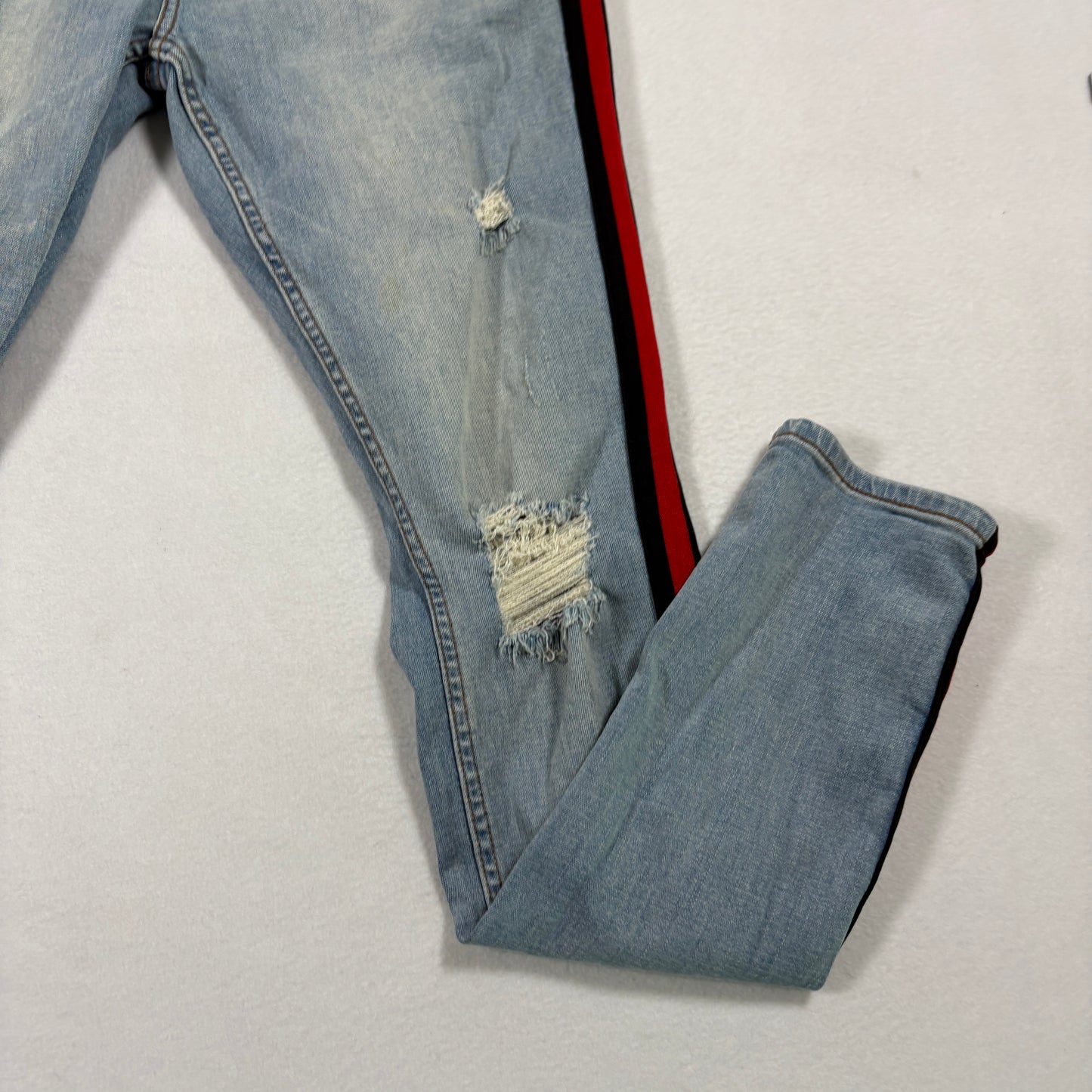 Serenade mens jeans 34 light wash distressed skinny red stripe Y2K grunge denim