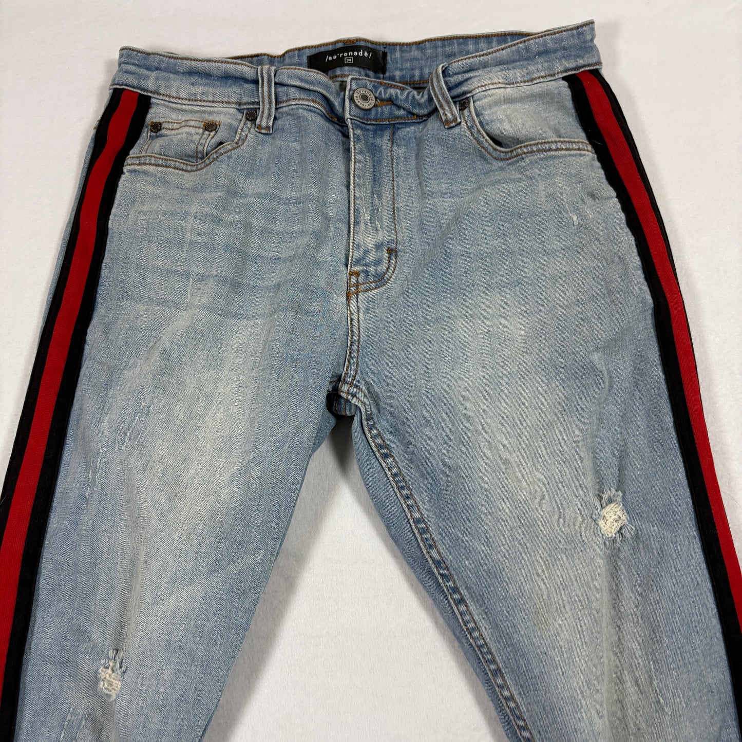 Serenade mens jeans 34 light wash distressed skinny red stripe Y2K grunge denim