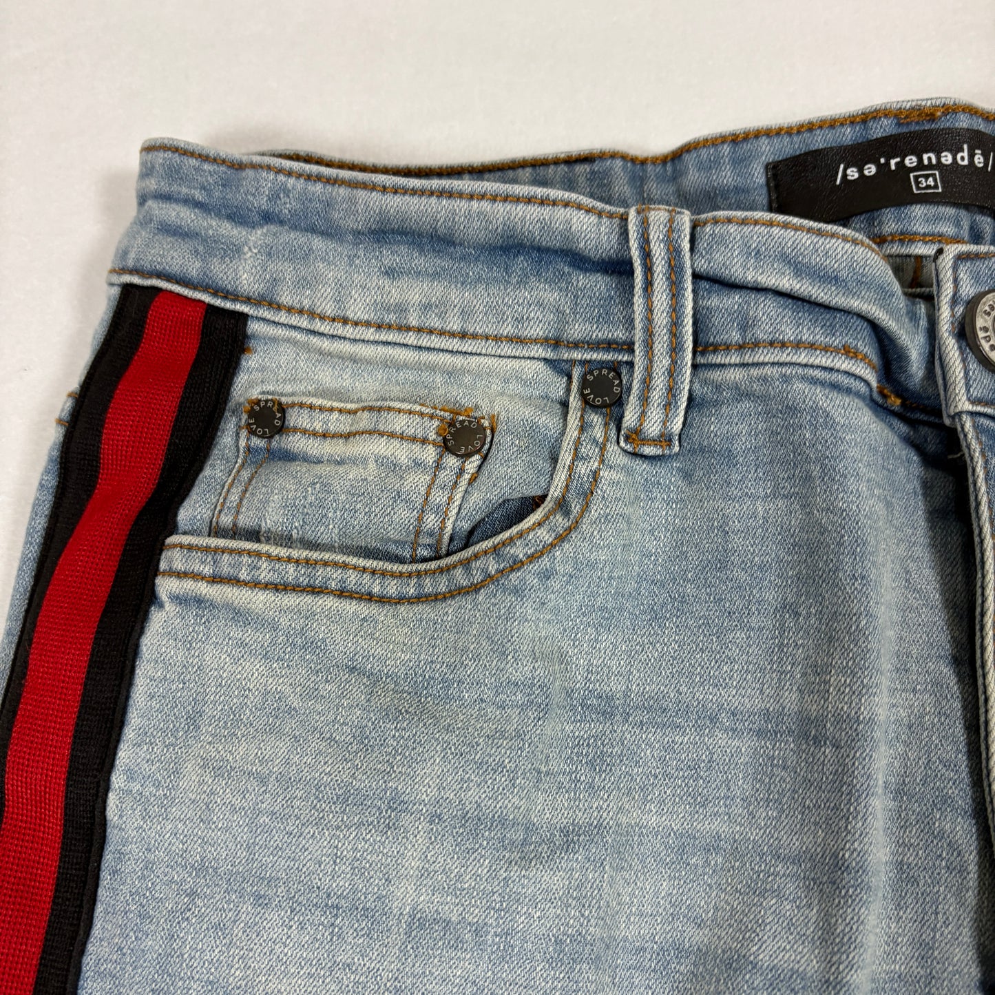 Serenade mens jeans 34 light wash distressed skinny red stripe Y2K grunge denim