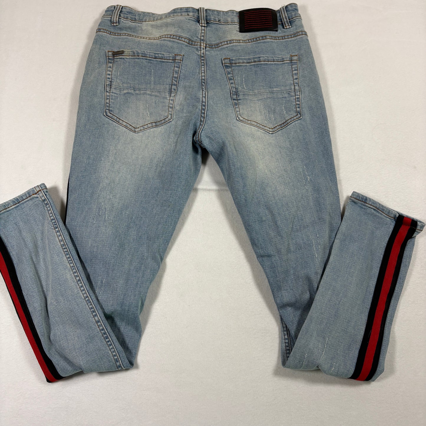 Serenade mens jeans 34 light wash distressed skinny red stripe Y2K grunge denim