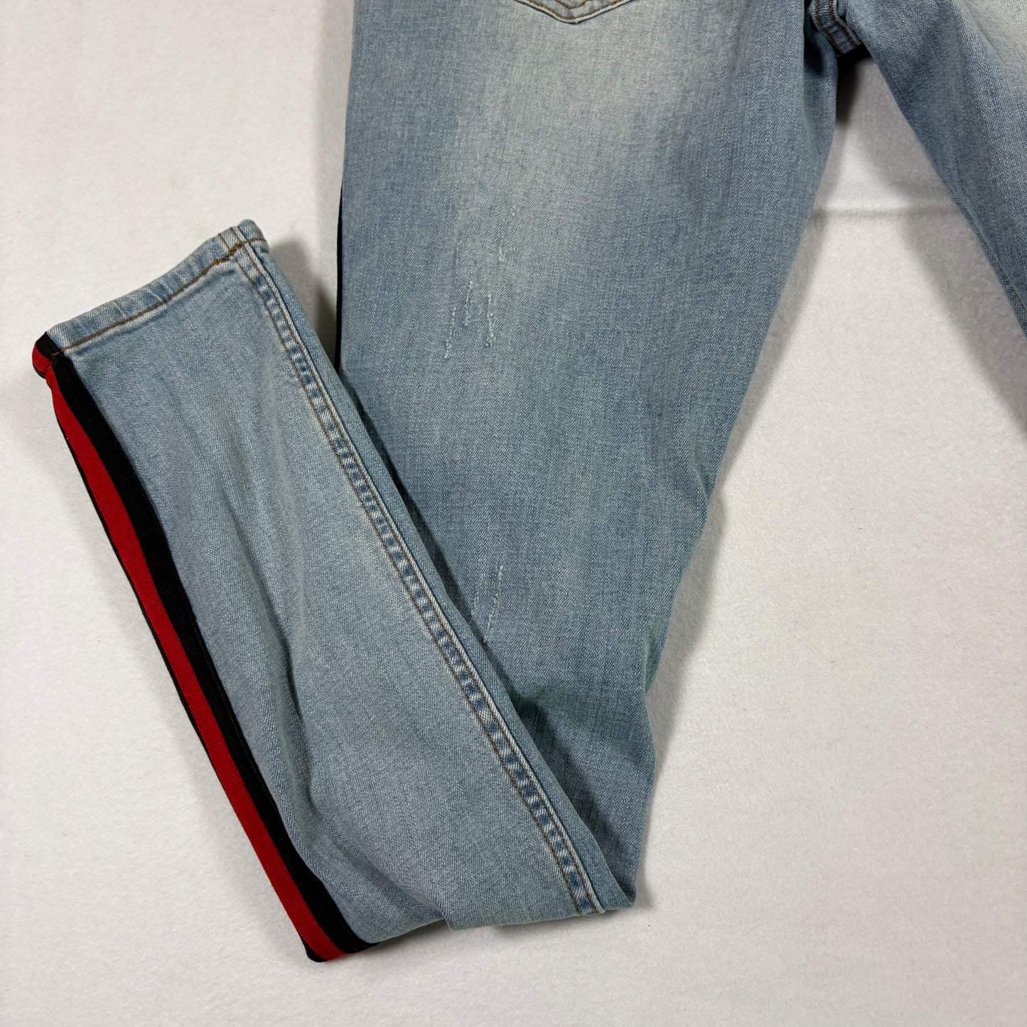 Serenade mens jeans 34 light wash distressed skinny red stripe Y2K grunge denim