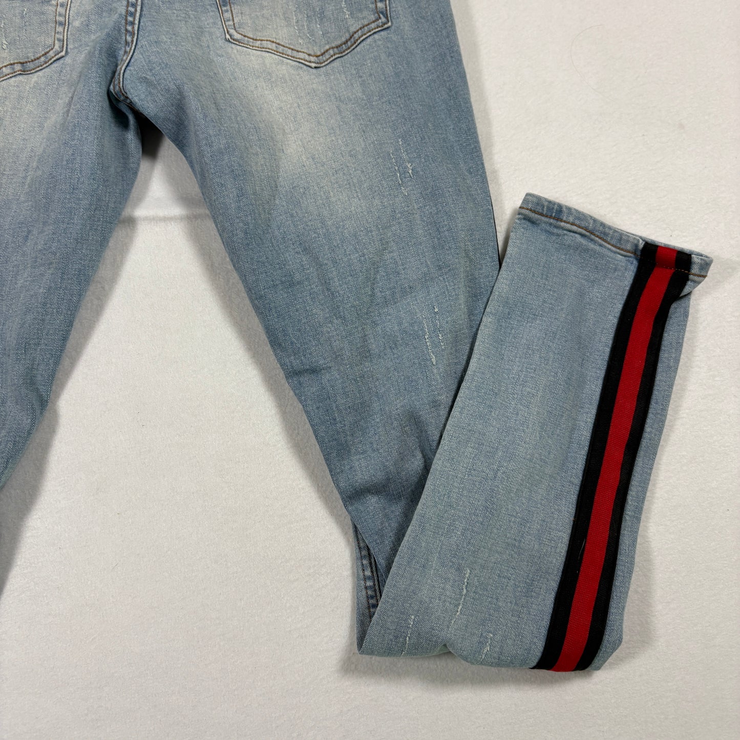 Serenade mens jeans 34 light wash distressed skinny red stripe Y2K grunge denim