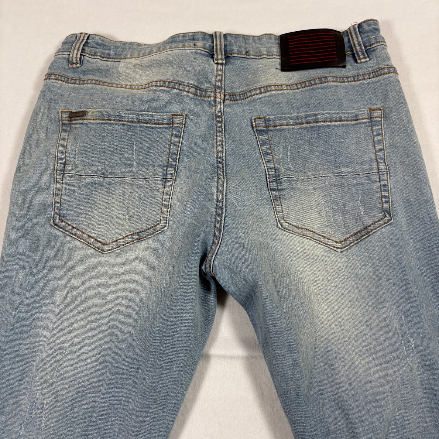 Serenade mens jeans 34 light wash distressed skinny red stripe Y2K grunge denim