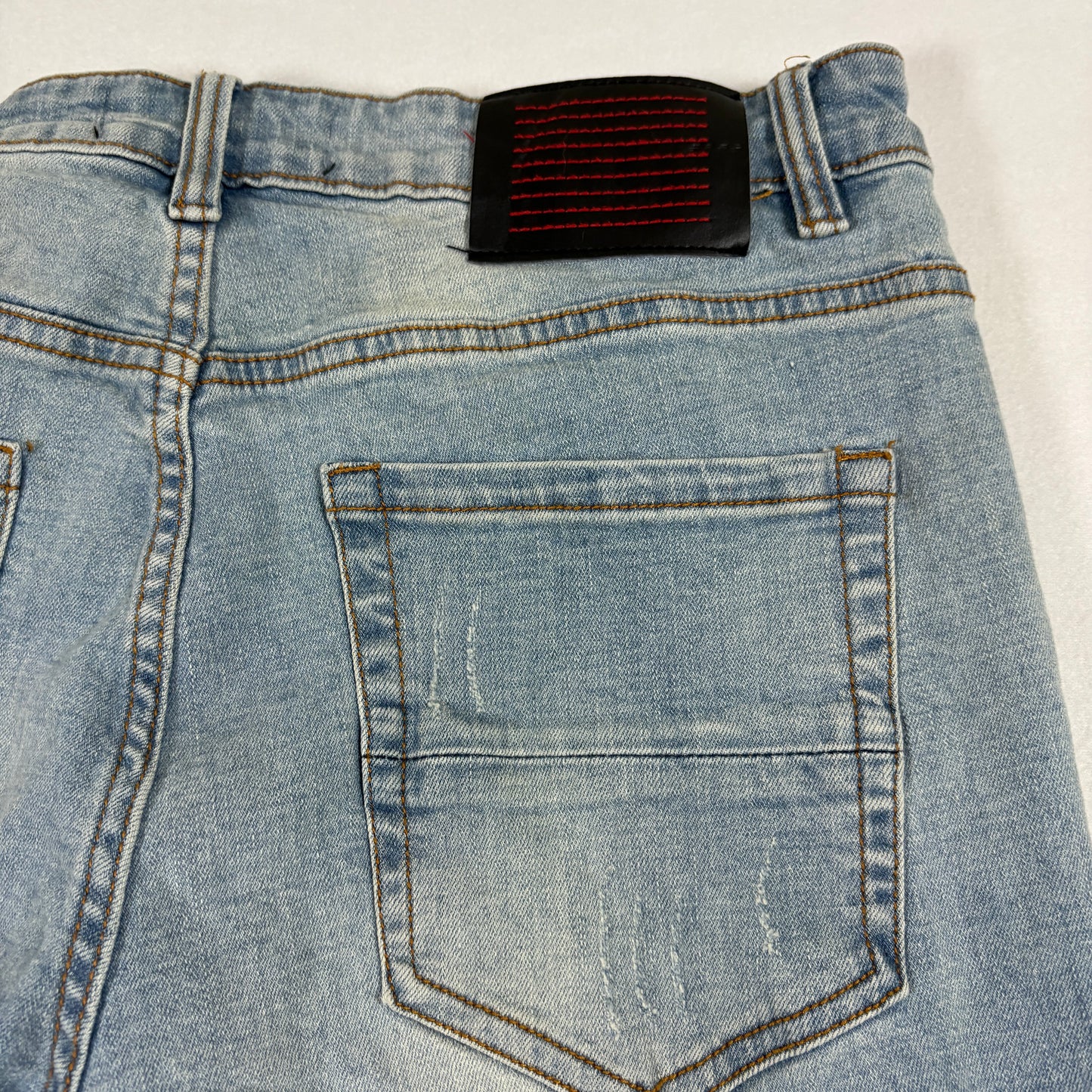 Serenade mens jeans 34 light wash distressed skinny red stripe Y2K grunge denim