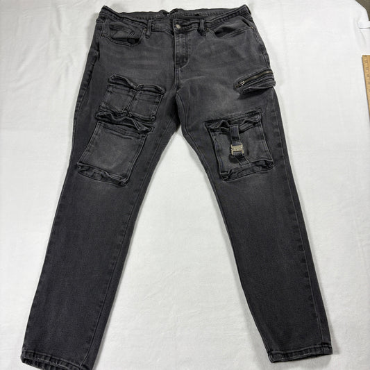 Mens Black Cargo Jeans Size 38 Slim Straight Zipper Pocket Grunge Streetwear Y2K