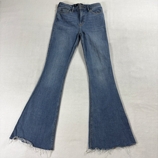 Hollister High Rise Flare Jeans Tag 26 Fits Like 25x29 Blue Raw Hem Stretch